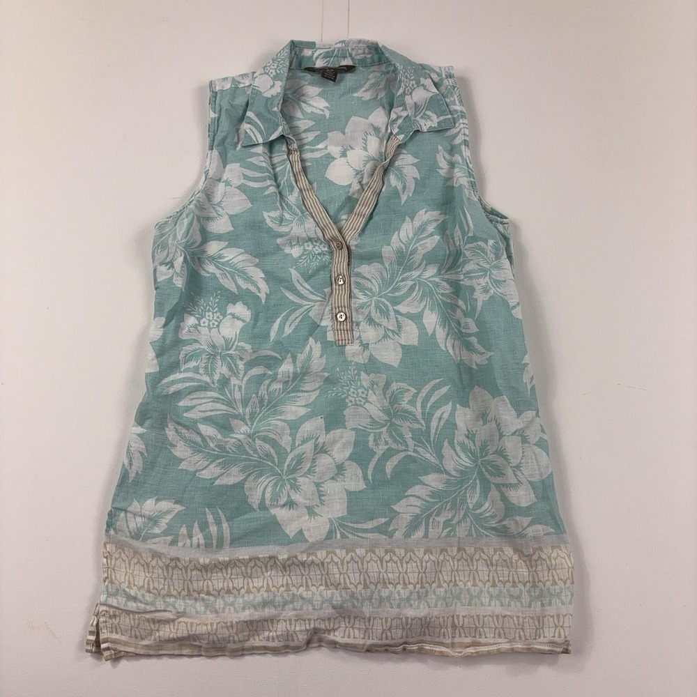 Tommy Bahama Blouse Womens Small Blue Floral Collared Sleeveless Linen Tunic Top